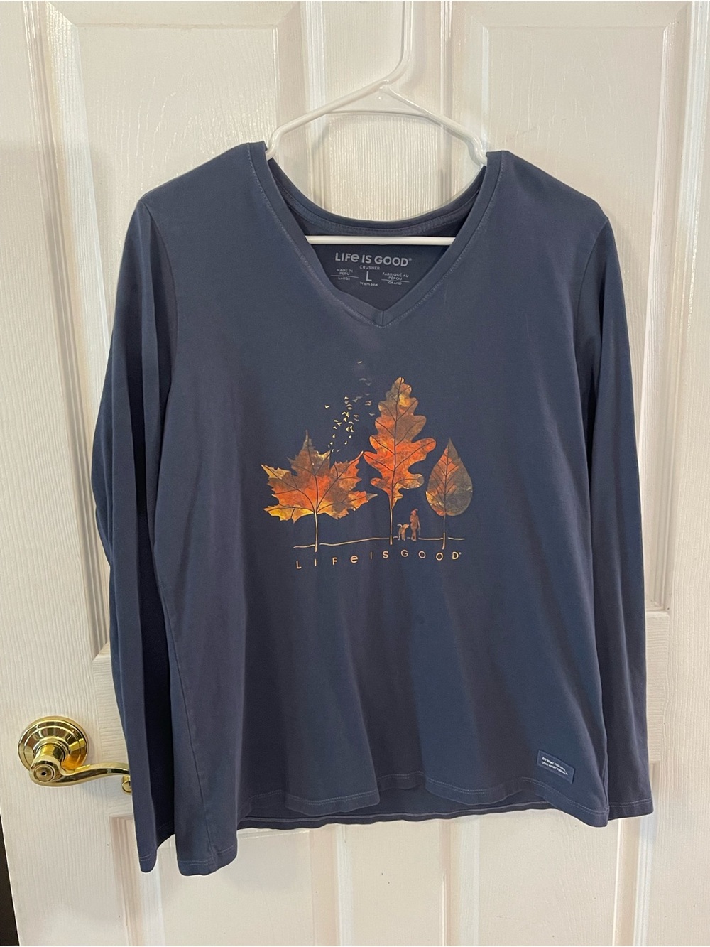 Life Is Good Navy Long-Sleeve Tee with Orange Autumn Leaf Trio